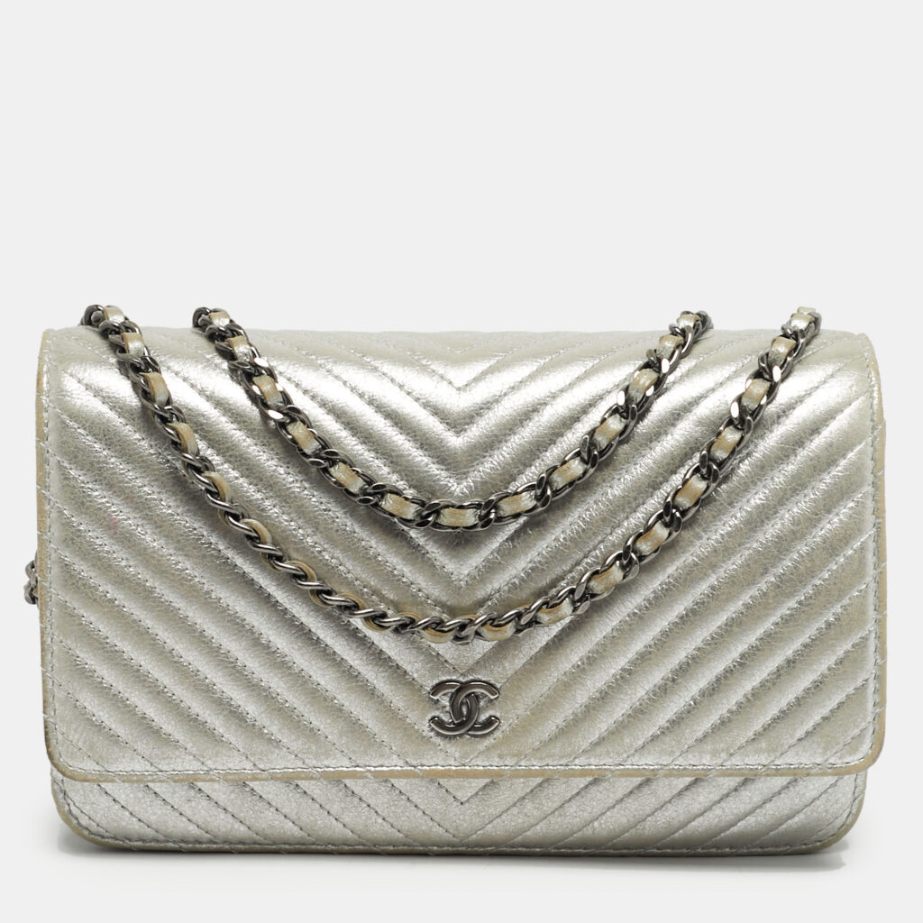 Chanel Silver Chevron Leather CC WOC Bag Chanel Silver Chevron Leather CC WOC Bag