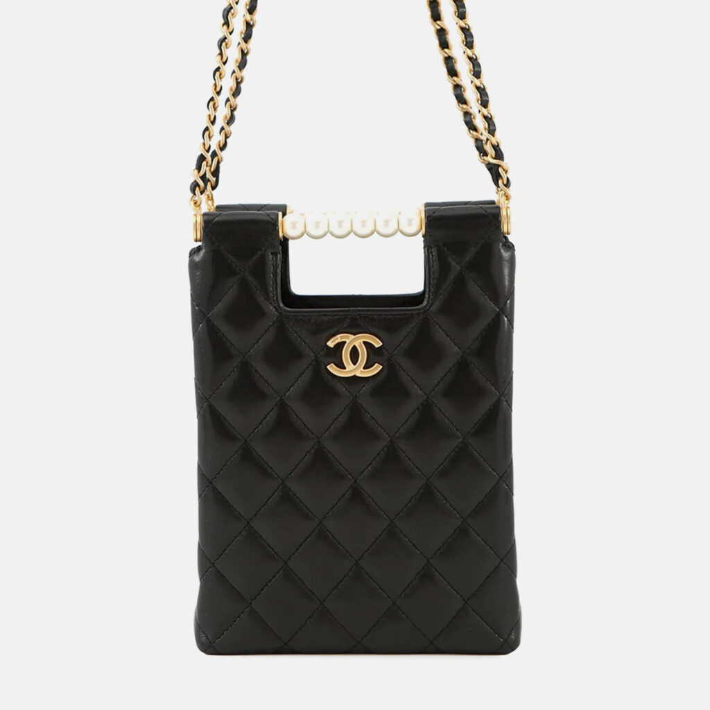Chanel Matelasse Pearl Handle Chain Shoulder Bag Black Lambskin Chanel Matelasse Pearl Handle Chain Shoulder Bag Black Lambskin