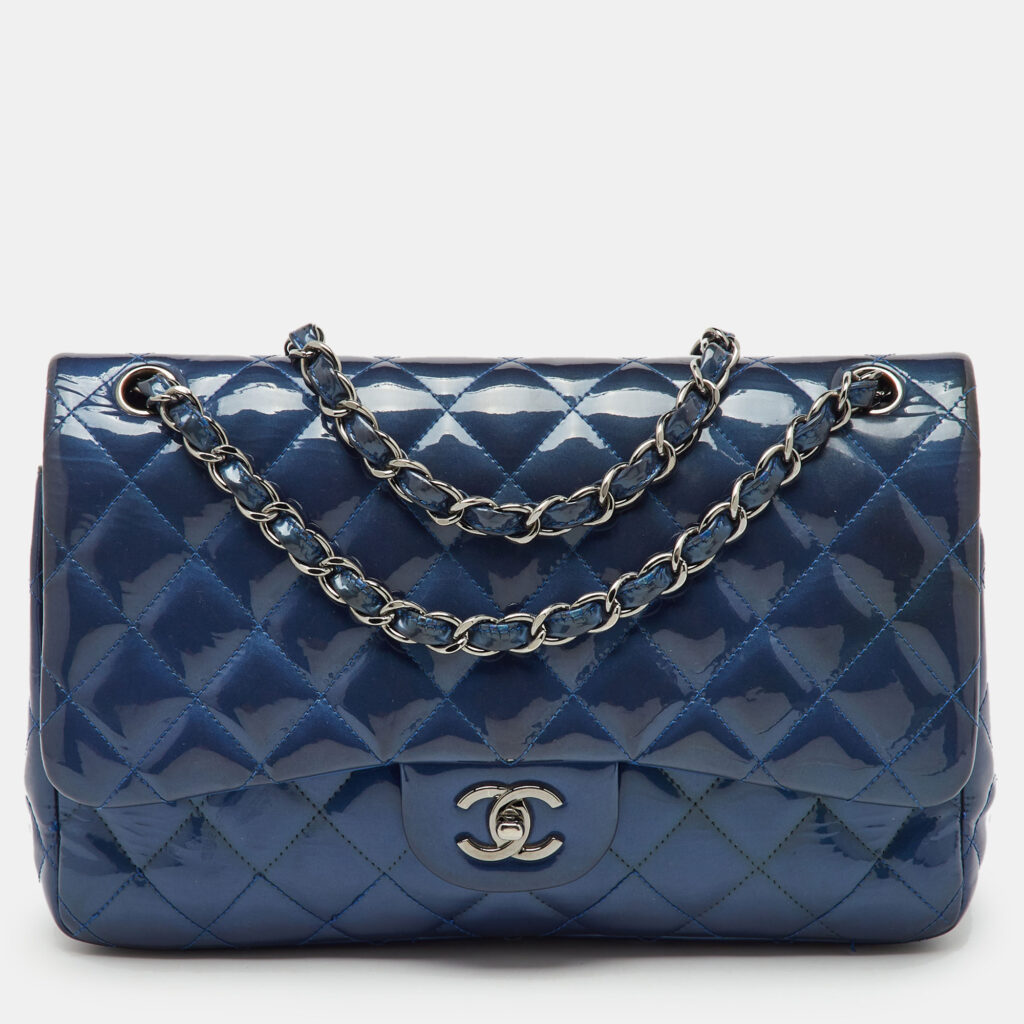 Chanel Navy Blue Iridescent Patent Leather Classic Jumbo Double Flap Bag Chanel Navy Blue Iridescent Patent Leather Classic Jumbo Double Flap Bag