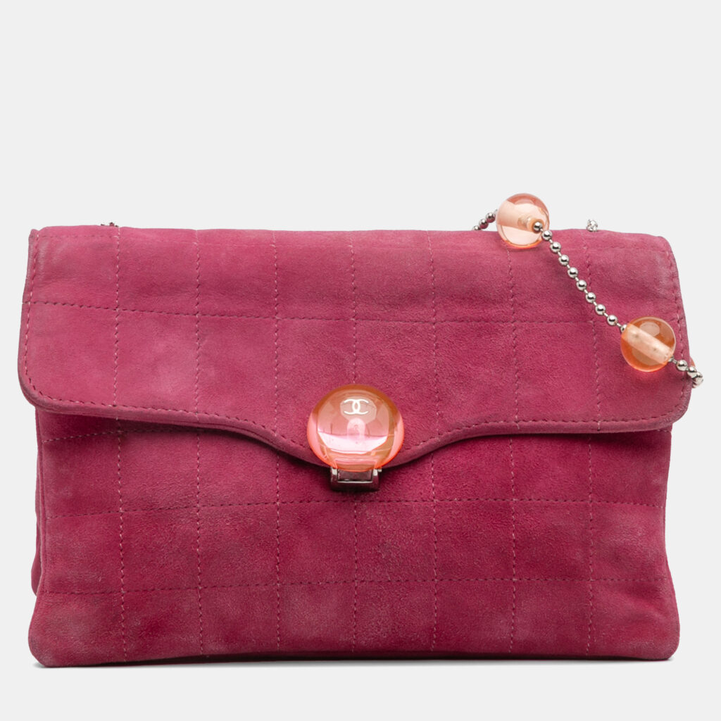 Chanel Pink CC Choco Bar Suede Beaded Chain Flap