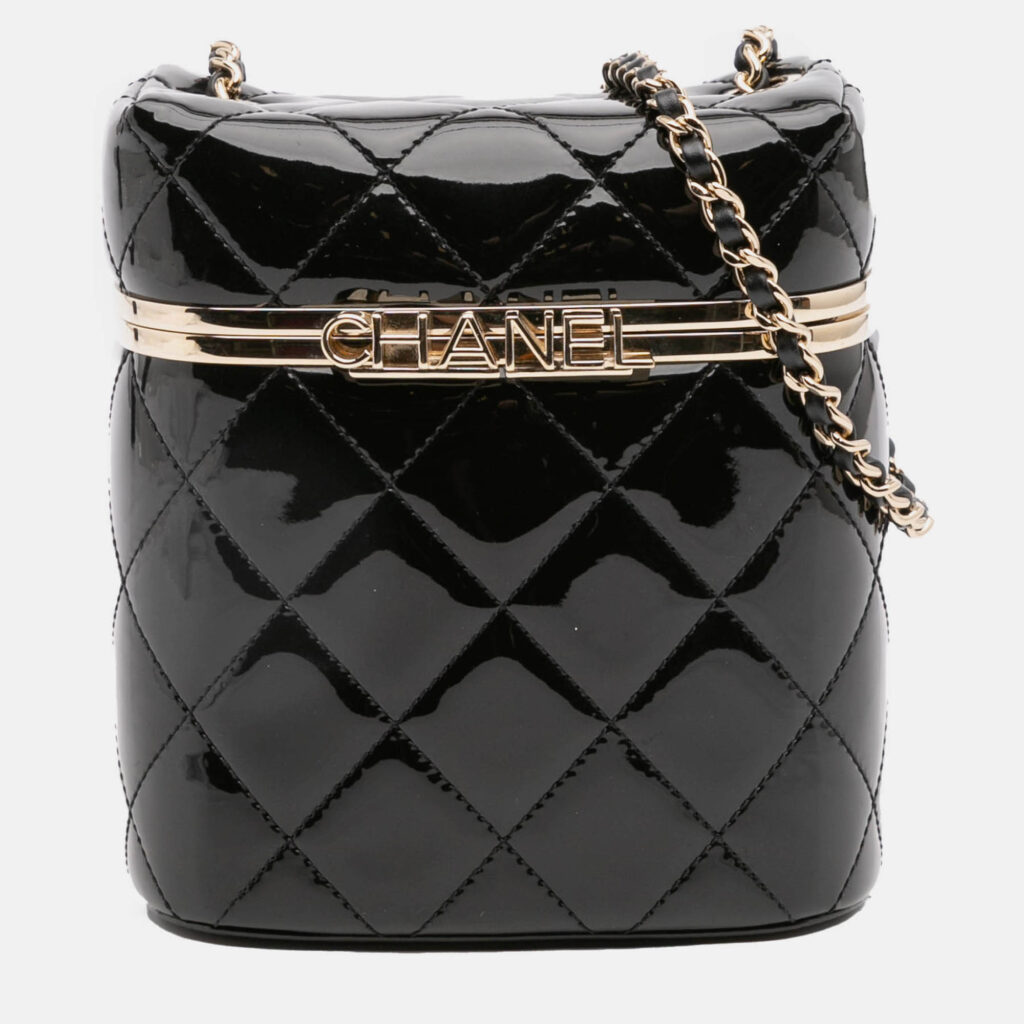 Chanel Black Quilted Patent Logo Chain Vanity Case