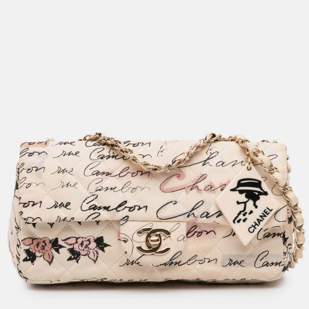 Chanel White Small Quilted Nylon Printed Rue Cambon Flap