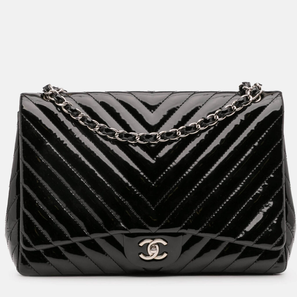 Chanel Black Maxi Classic Chevron Patent Single Flap Bag Chanel Black Maxi Classic Chevron Patent Single Flap Bag