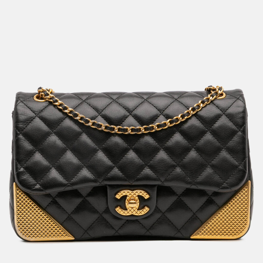 Chanel Black Gold Quilted Calfskin Rock The Corner Flap
