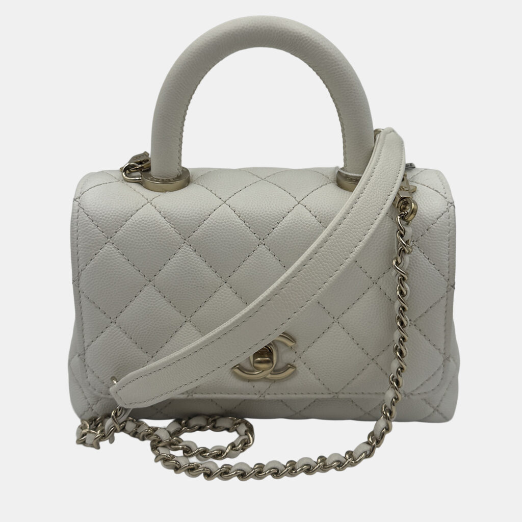 Chanel White Quilted Caviar Leather Mini Coco Top Handle Bag