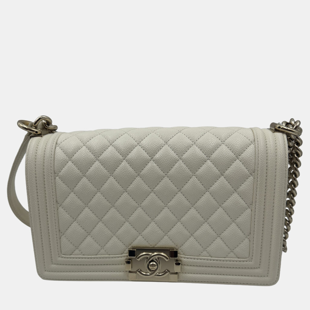 Chanel White Quilted Caviar Leather Medium Boy Flap Bag