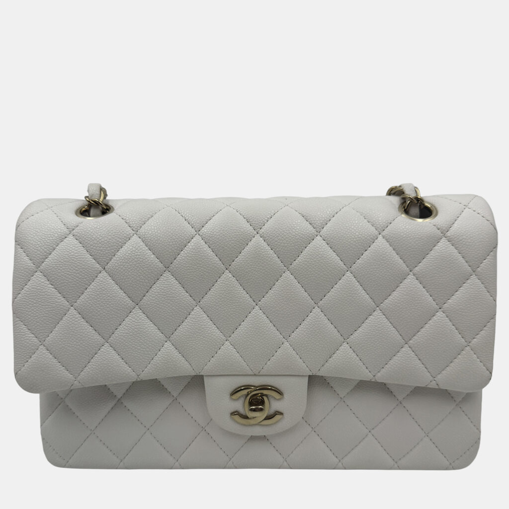 Chanel White Caviar Leather Classic Medium Double Flap Shoulder Bag