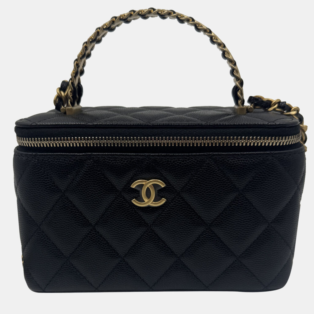 Chanel Vanity Chain Black Caviar Leather Handle Bag