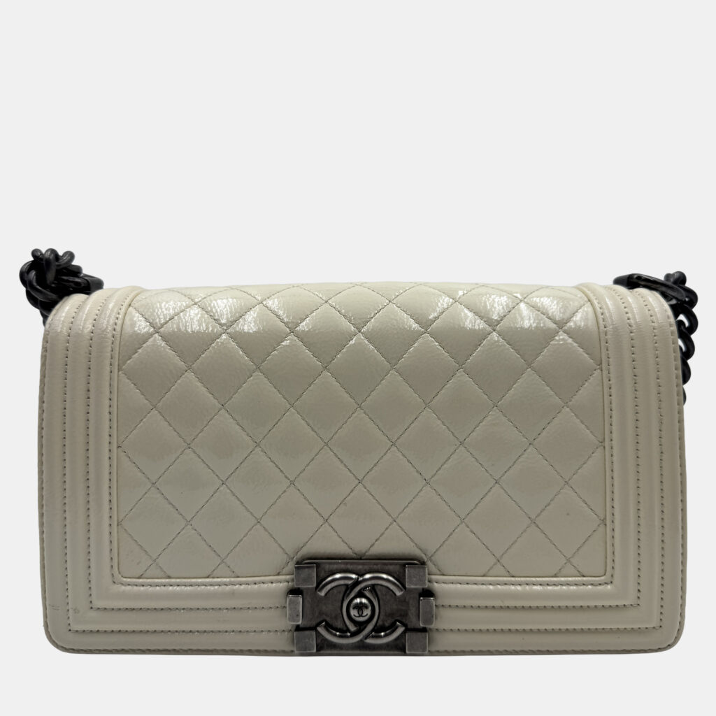 Chanel White Quilted Patent Leather Medium Boy Flap Bag Chanel White Quilted Patent Leather Medium Boy Flap Bag