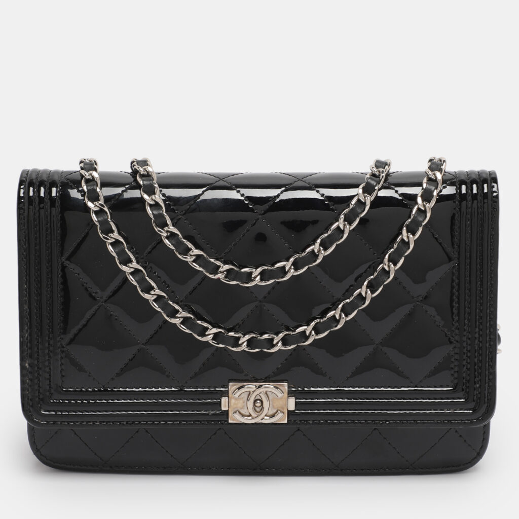 Chanel Black Patent Leather Boy Wallet On Chain