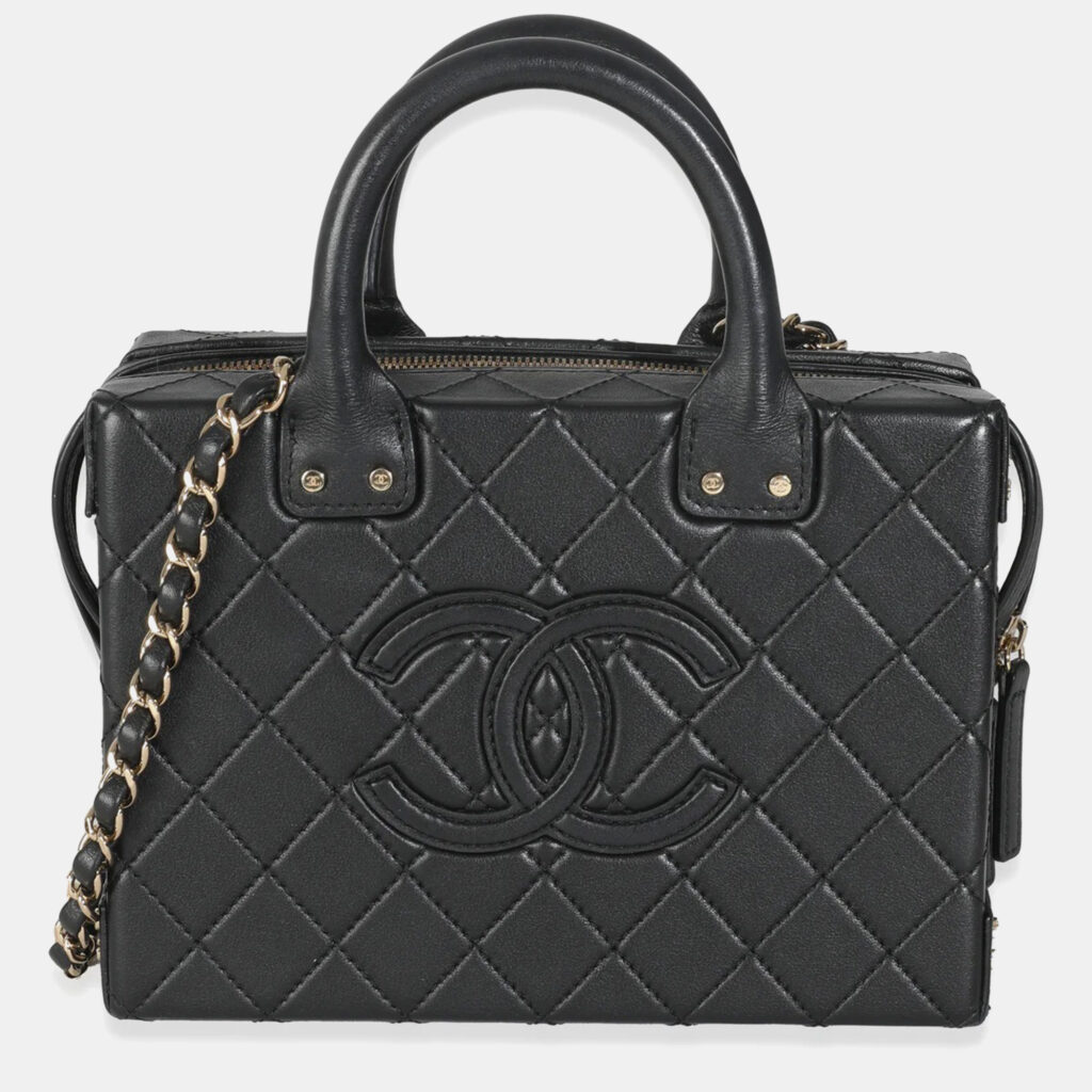 Chanel Black Quilted Calfskin Studded Square Vanity Case