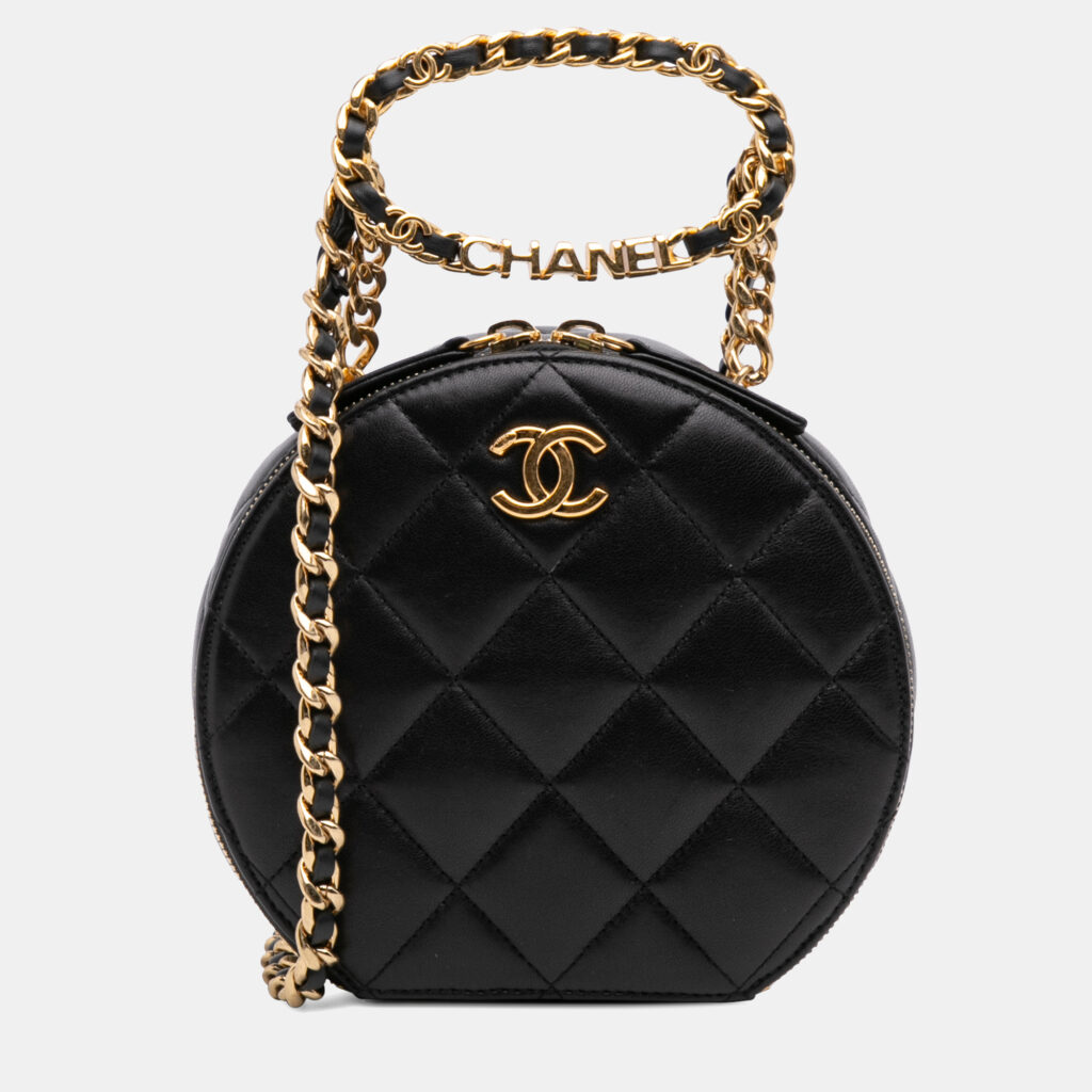 Chanel Black Quilted Lambskin Oval Logo Chain Top Handle Round Clutch on Chain Chanel Black Quilted Lambskin Oval Logo Chain Top Handle Round Clutch on Chain