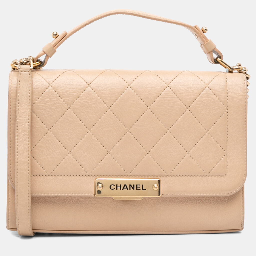 luxury-women-chanel-used-handbags-p1213693-002-1.jpg Chanel Beige Brown Medium Quilted Calfskin Label Click Flap