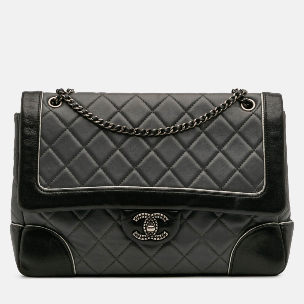 Chanel Black Grey Paris Salzburg Jumbo Bicolor Quilted Lambskin Tyrolean Flap Chanel Black Grey Paris Salzburg Jumbo Bicolor Quilted Lambskin Tyrolean Flap