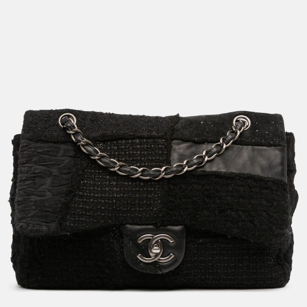 Chanel Black Jumbo Patchwork Tweed Flap