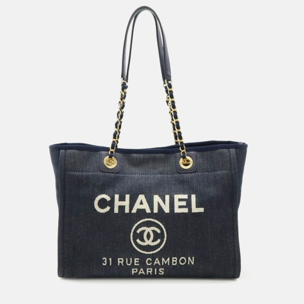 Chanel Deauville Medium Navy Blue Denim and Leather Tote Bag