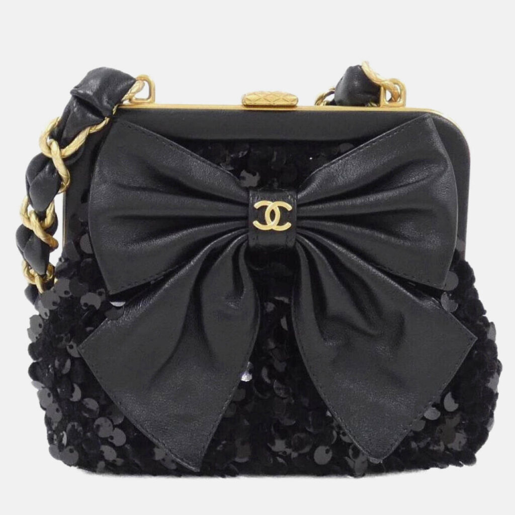 Chanel Bow Black Tweed and Spangles Clutch Bag Chanel Bow Black Tweed and Spangles Clutch Bag