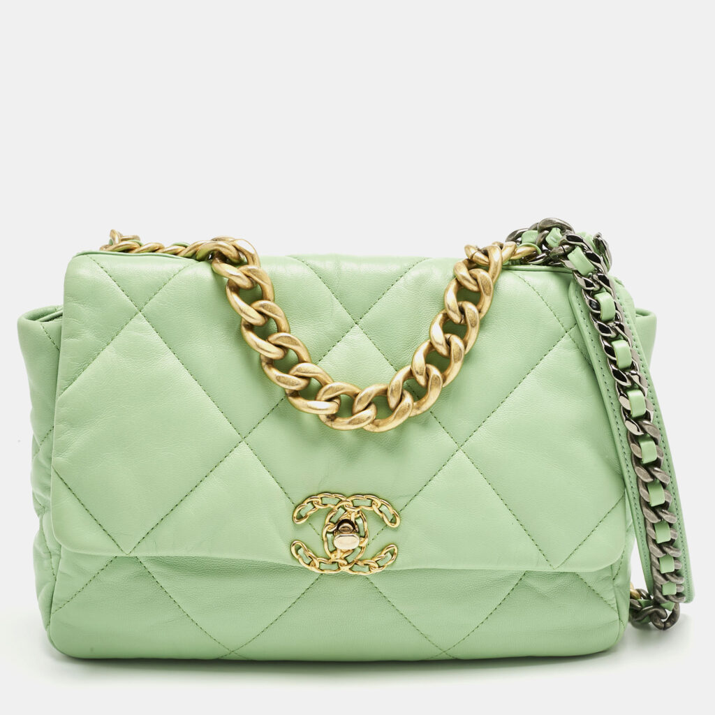 Chanel Light Green Quilted Leather Large 19 Flap Bag