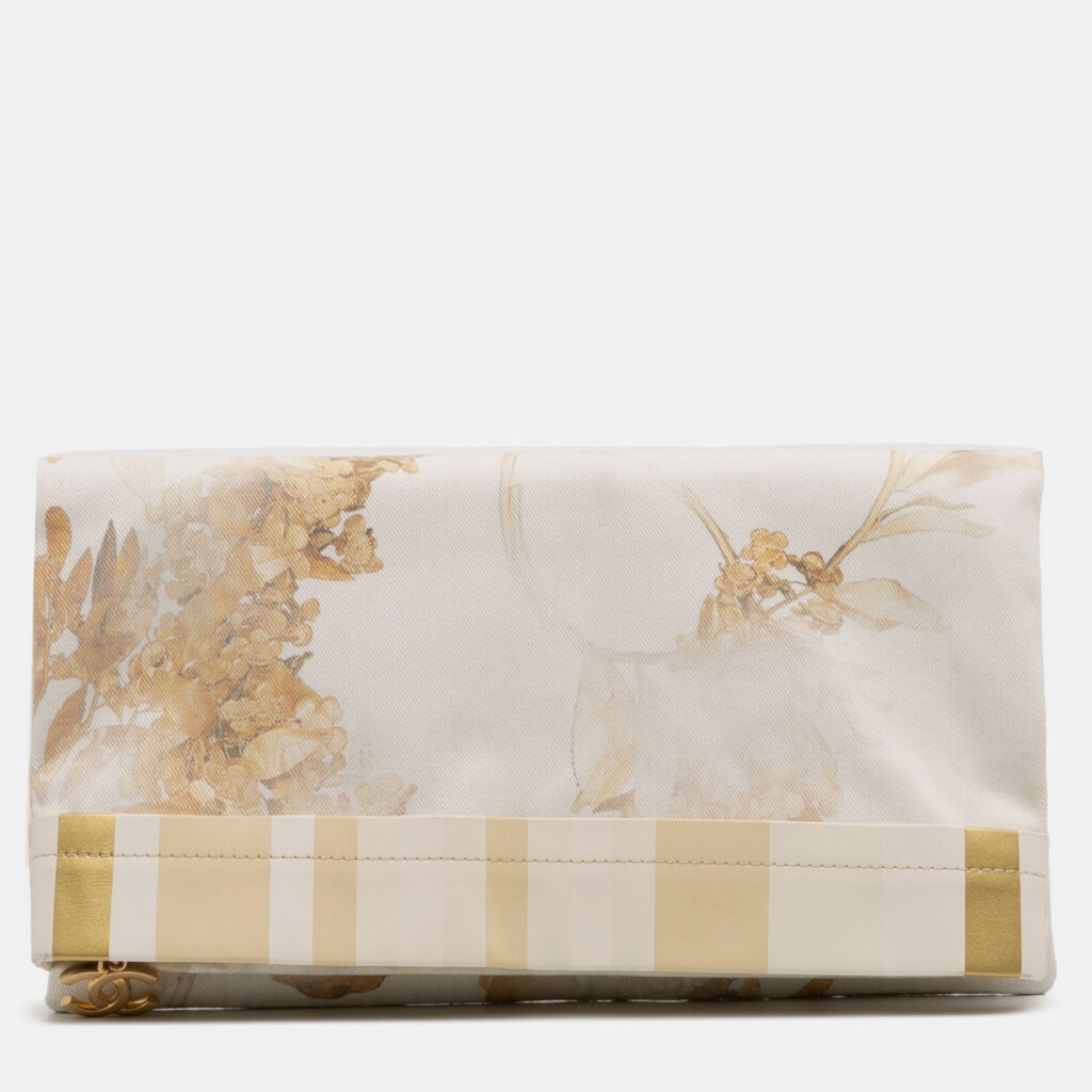Chanel Cream XL Printed Canvas and Striped Lambskin Foldover Clutch Chanel Cream XL Printed Canvas and Striped Lambskin Foldover Clutch