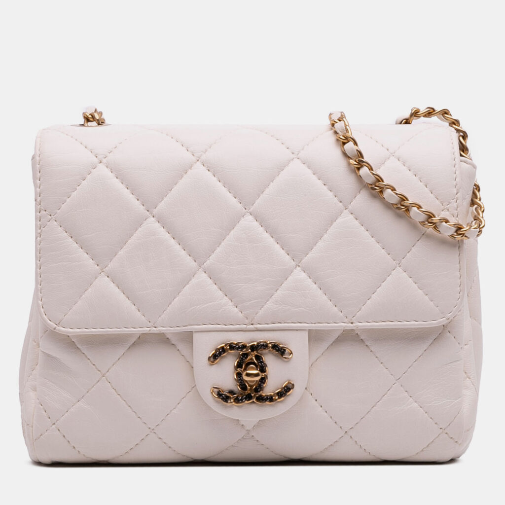 Chanel White CC Quilted Aged Calfskin Accordion Flap