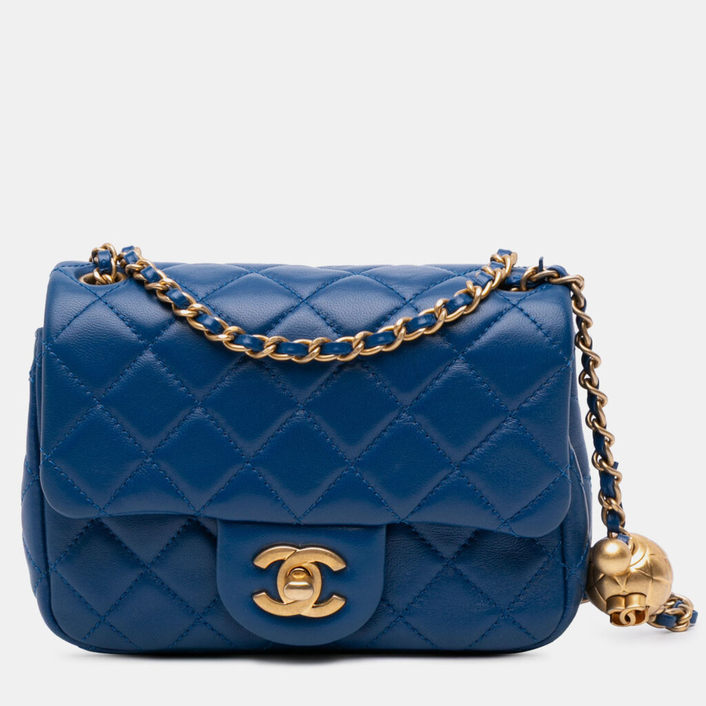 Chanel Blue Mini Square Classic Lambskin Pearl Crush Single Flap