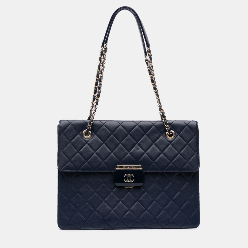 Chanel Navy Blue Quilted Sheepskin Beauty Lock Shopping Tote