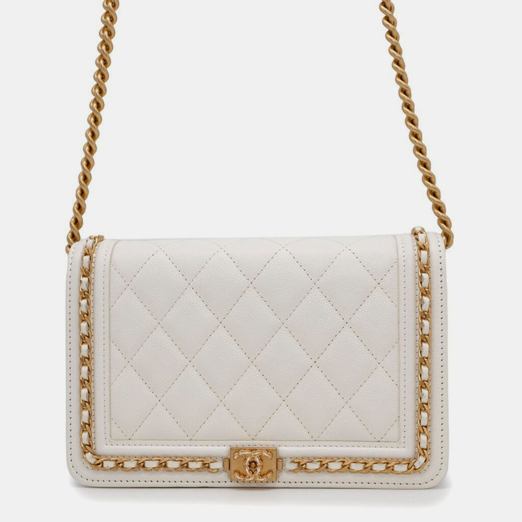 Chanel Boy White Soft Caviar Leather Round Chain Wallet Chanel Boy White Soft Caviar Leather Round Chain Wallet
