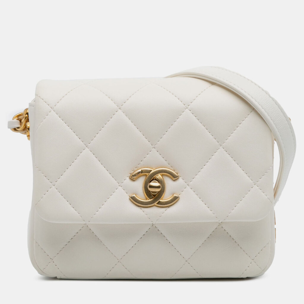 Chanel White Mini Quilted Lambskin Side Note Flap