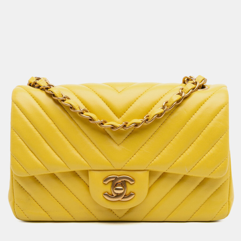 Chanel Yellow Mini Rectangular Classic Chevron Lambskin Single Flap Chanel Yellow Mini Rectangular Classic Chevron Lambskin Single Flap