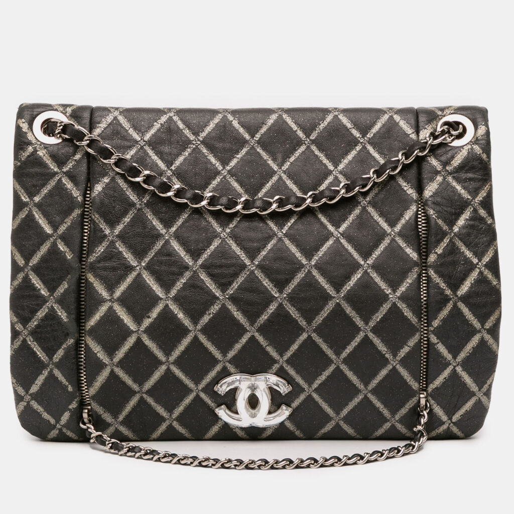 Chanel Black Quilted Metallic Distressed Lambskin CC Crystal Flap Chanel Black Quilted Metallic Distressed Lambskin CC Crystal Flap