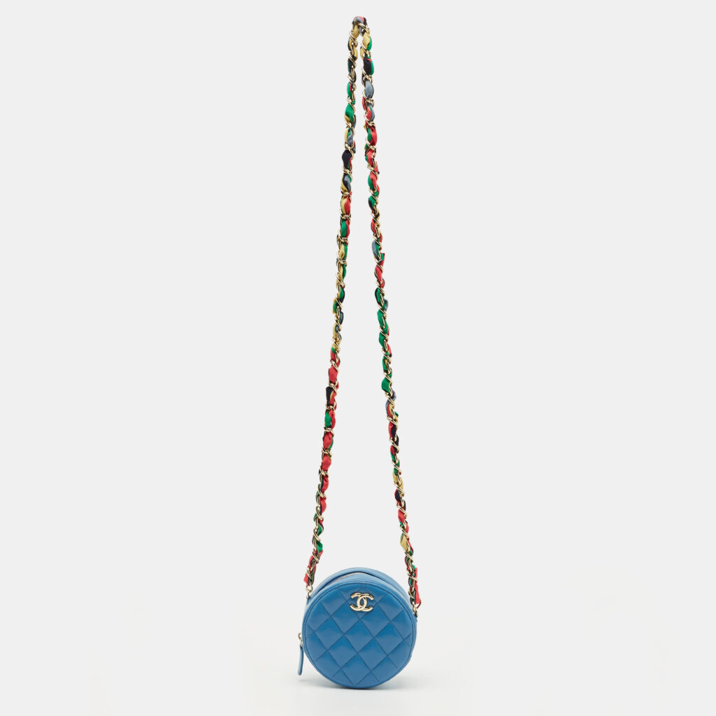 Chanel Blue Quilted Leather Ribbon Round Chain Clutch Chanel Blue Quilted Leather Ribbon Round Chain Clutch