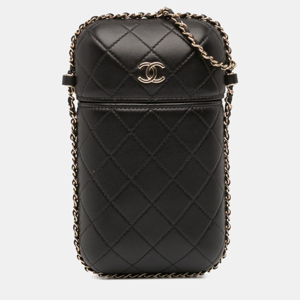Chanel Black CC Quilted Lambskin Chain Around Phone Holder Chanel Black CC Quilted Lambskin Chain Around Phone Holder