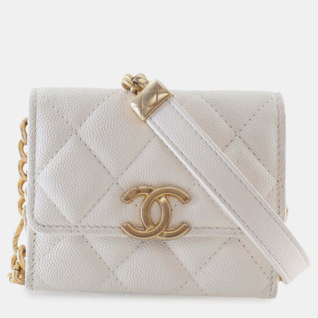 Chanel White Quilted Caviar Card Holder on Chain Chanel White Quilted Caviar Card Holder on Chain