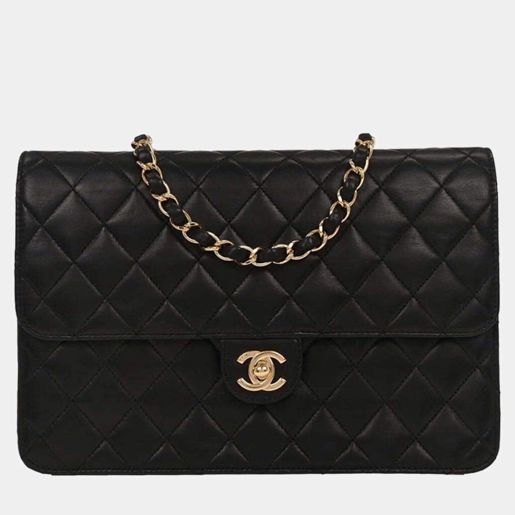 luxury-women-chanel-used-handbags-p1217089-006-1.jpg Chanel Black Lambskin Turnlock Medium Half Flap Shoulder Bag