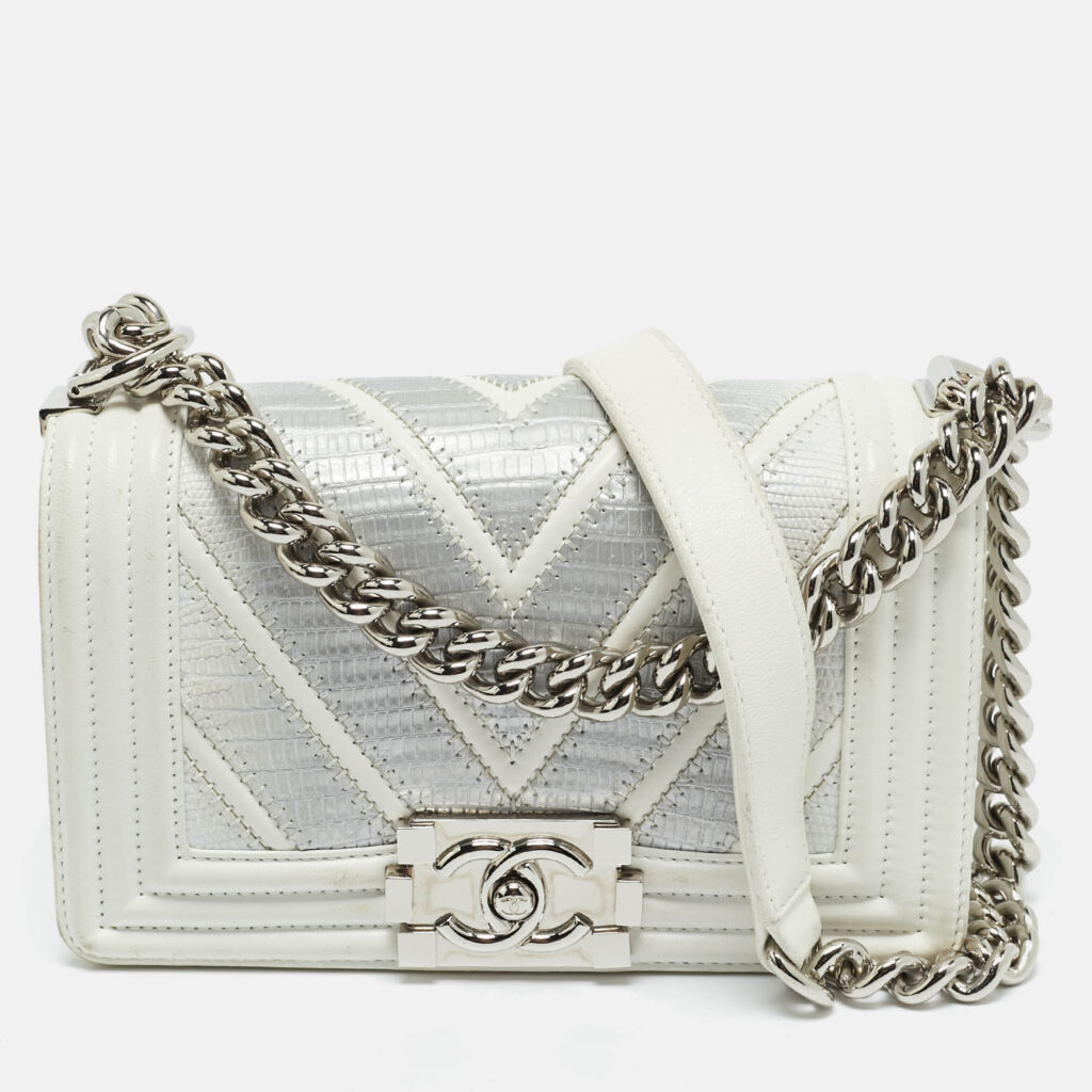 Chanel White/Grey Chevron Lizard and Leather Small Boy Flap Bag Chanel White/Grey Chevron Lizard and Leather Small Boy Flap Bag