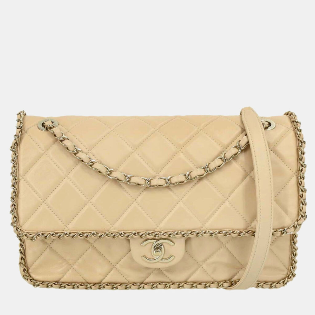 Chanel Beige Lambskin Jumbo Chain All Over Flap Shoulder Bag Chanel Beige Lambskin Jumbo Chain All Over Flap Shoulder Bag