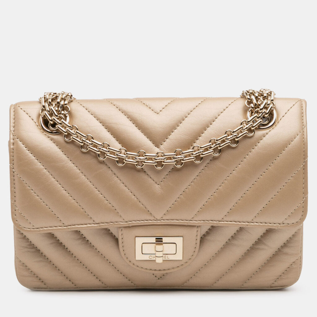Chanel Gold Reissue 2.55 Chevron Quilted Metallic Calfskin Single Flap 224 Chanel Gold Reissue 2.55 Chevron Quilted Metallic Calfskin Single Flap 224