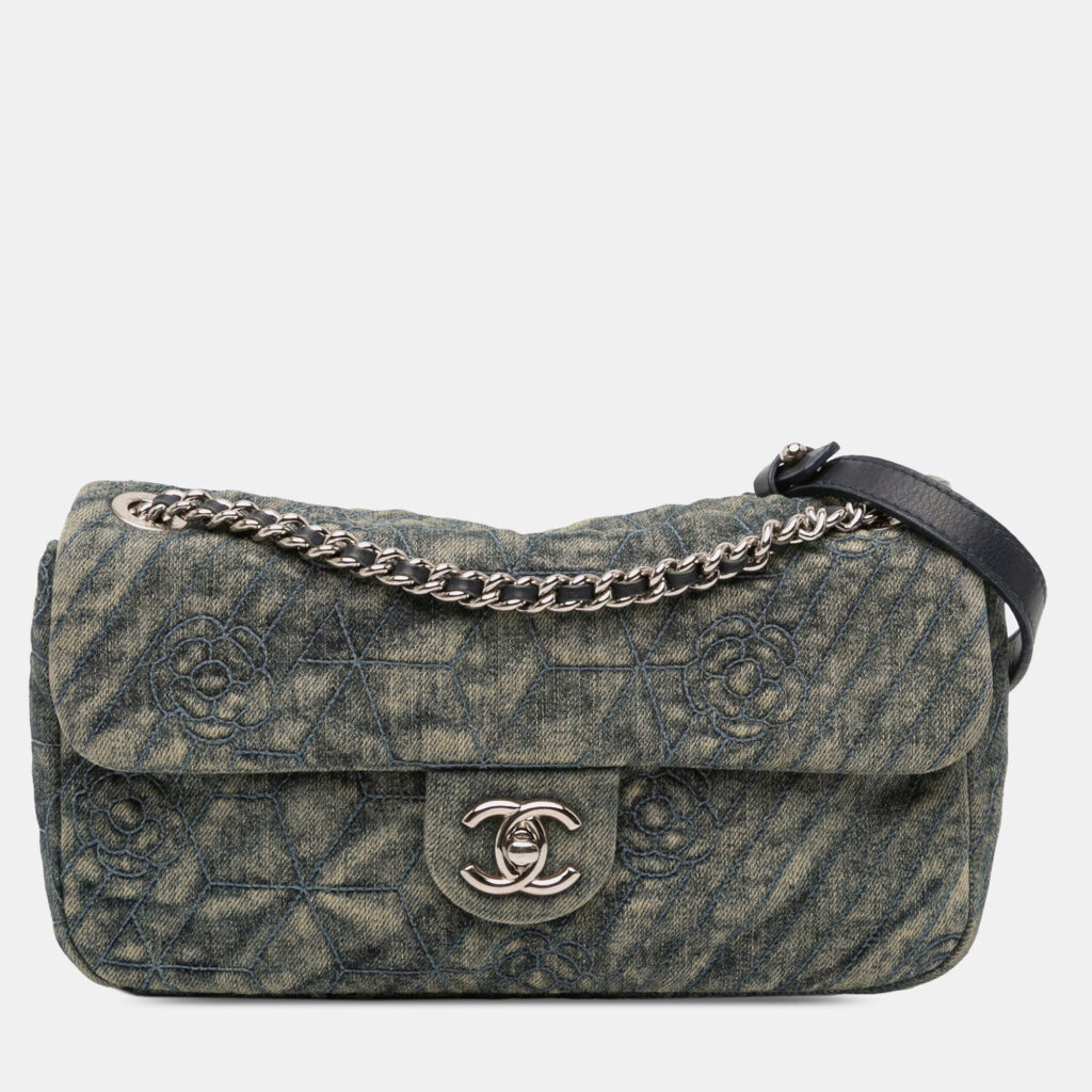 Chanel Blue/Green Medium Embroidered Denim Camellia Flap Chanel Blue/Green Medium Embroidered Denim Camellia Flap