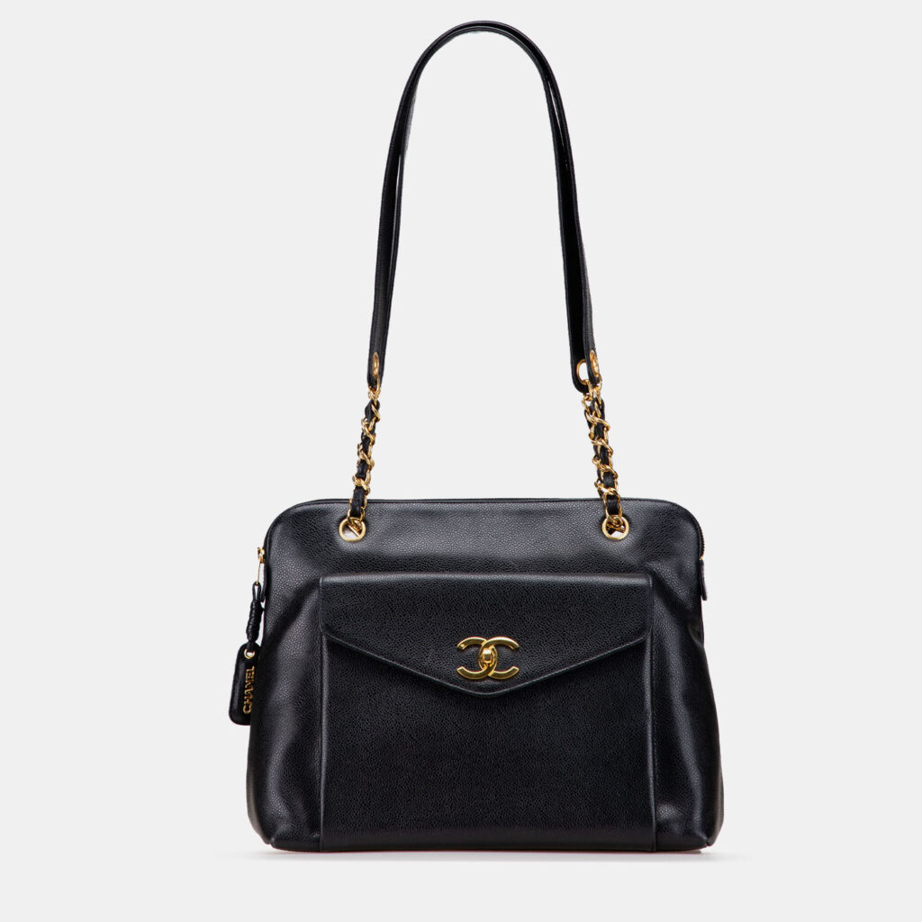 Chanel Black Caviar Front Pocket Chain Tote