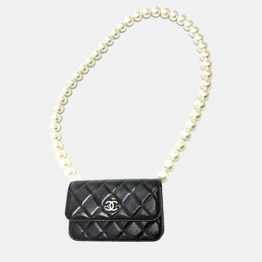 Chanel Cc Coco Mark Pearl Black Lambskin Long Chain Wallet Chanel Cc Coco Mark Pearl Black Lambskin Long Chain Wallet