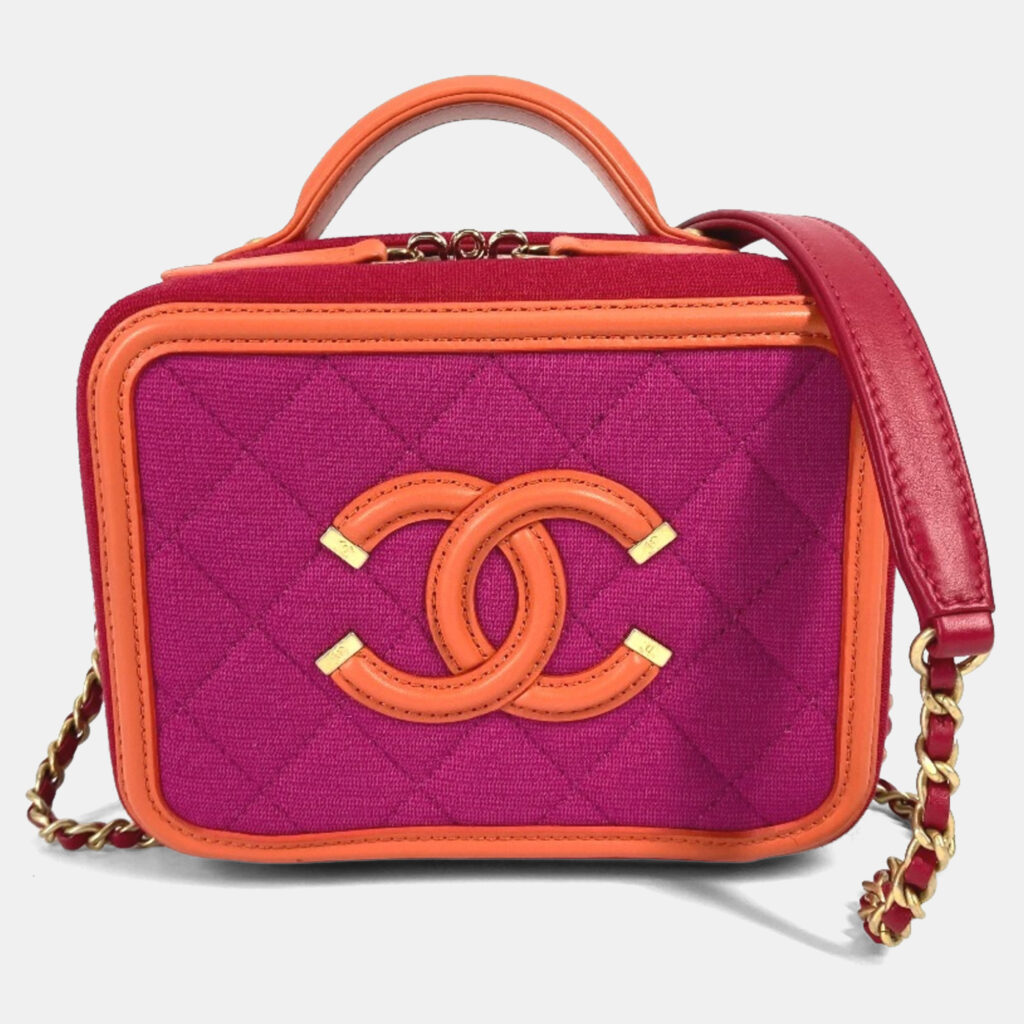 Chanel Coco Mark Cc Filigree Orange/Red Canvas Leather 2-Way Chain Shoulder Vanity Bag Chanel Coco Mark Cc Filigree Orange/Red Canvas Leather 2-Way Chain Shoulder Vanity Bag