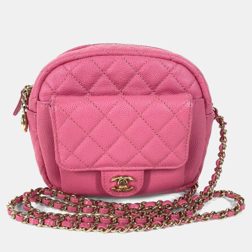 Chanel Matelasse Quilted Coco Mark Pink Caviar Skin Pochette Chain Shoulder Bag Chanel Matelasse Quilted Coco Mark Pink Caviar Skin Pochette Chain Shoulder Bag