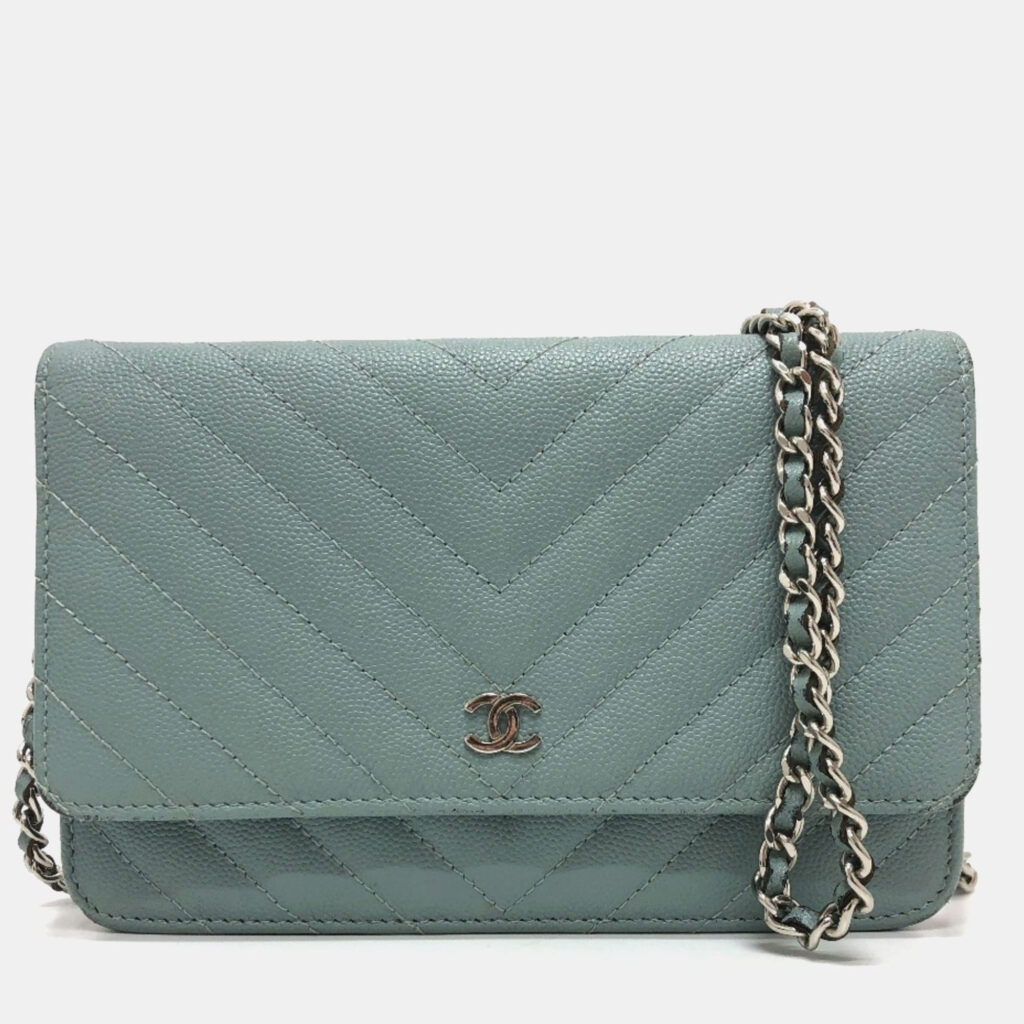 Chanel Long Wallet With V-Stitching And Coco Mark Cc Chain Shoulder Bag Caviar Leather Blue