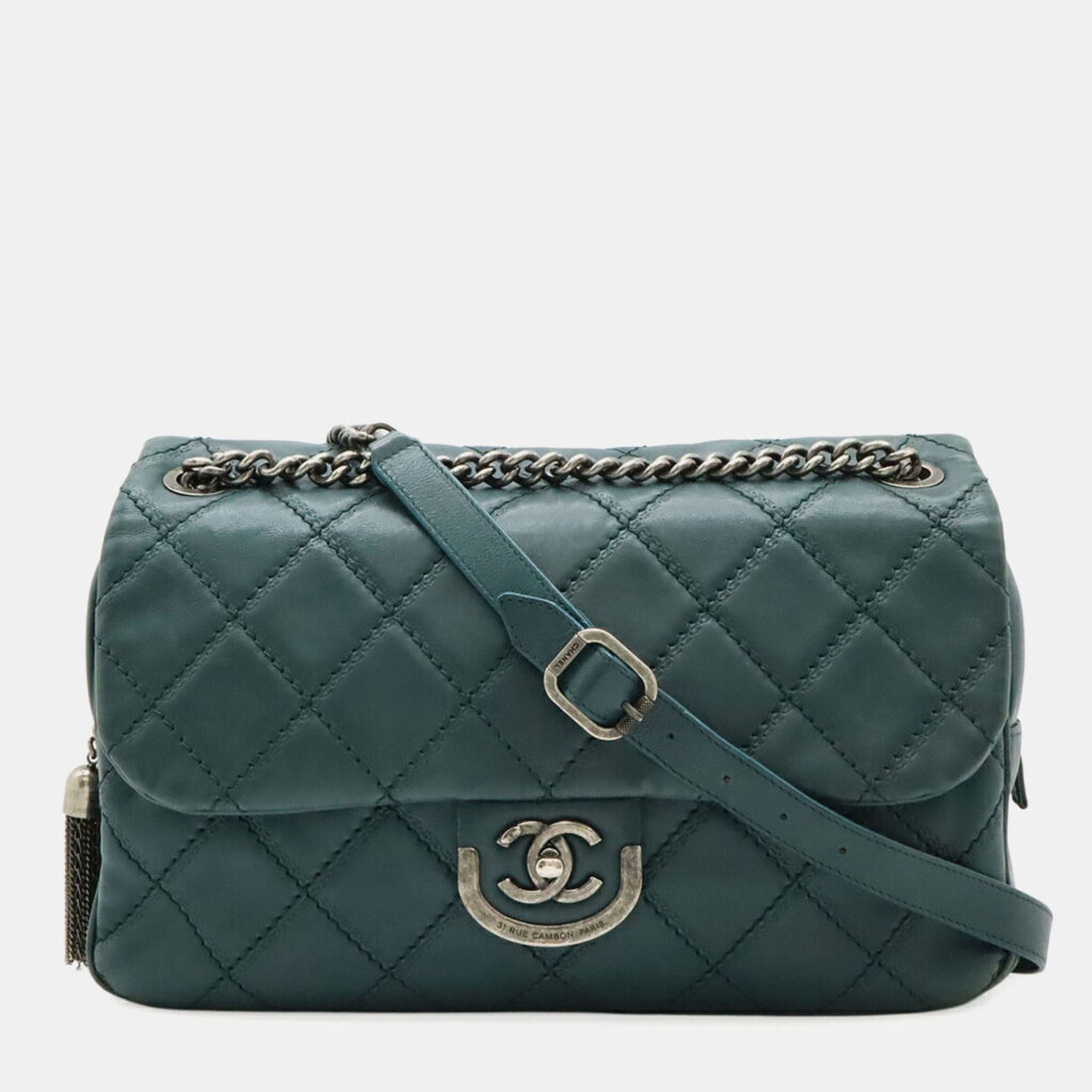 Chanel Wild Stitch Matelasse Coco Mark Chain Shoulder Bag In Deep Green Leather