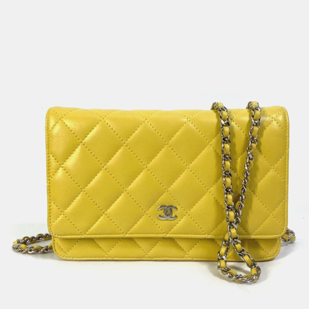 Chanel Cc Coco Mark Matelasse Quilted Chain Wallet/Long Wallet Lambskin Yellow Chanel Cc Coco Mark Matelasse Quilted Chain Wallet/Long Wallet Lambskin Yellow