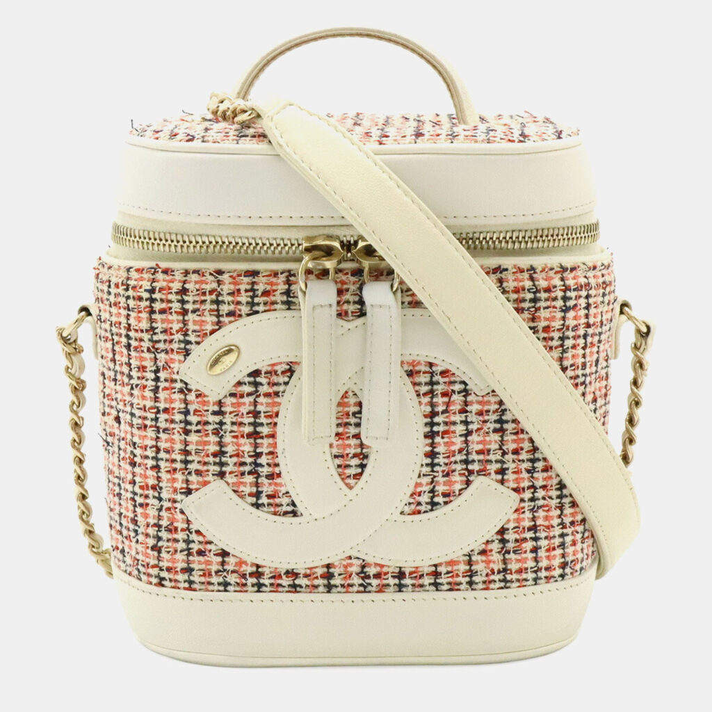 Chanel Cruise Line Coco Mark Vanity Case/Vanity Bag/Handbag/Chain Shoulder Bag In Tweed And White