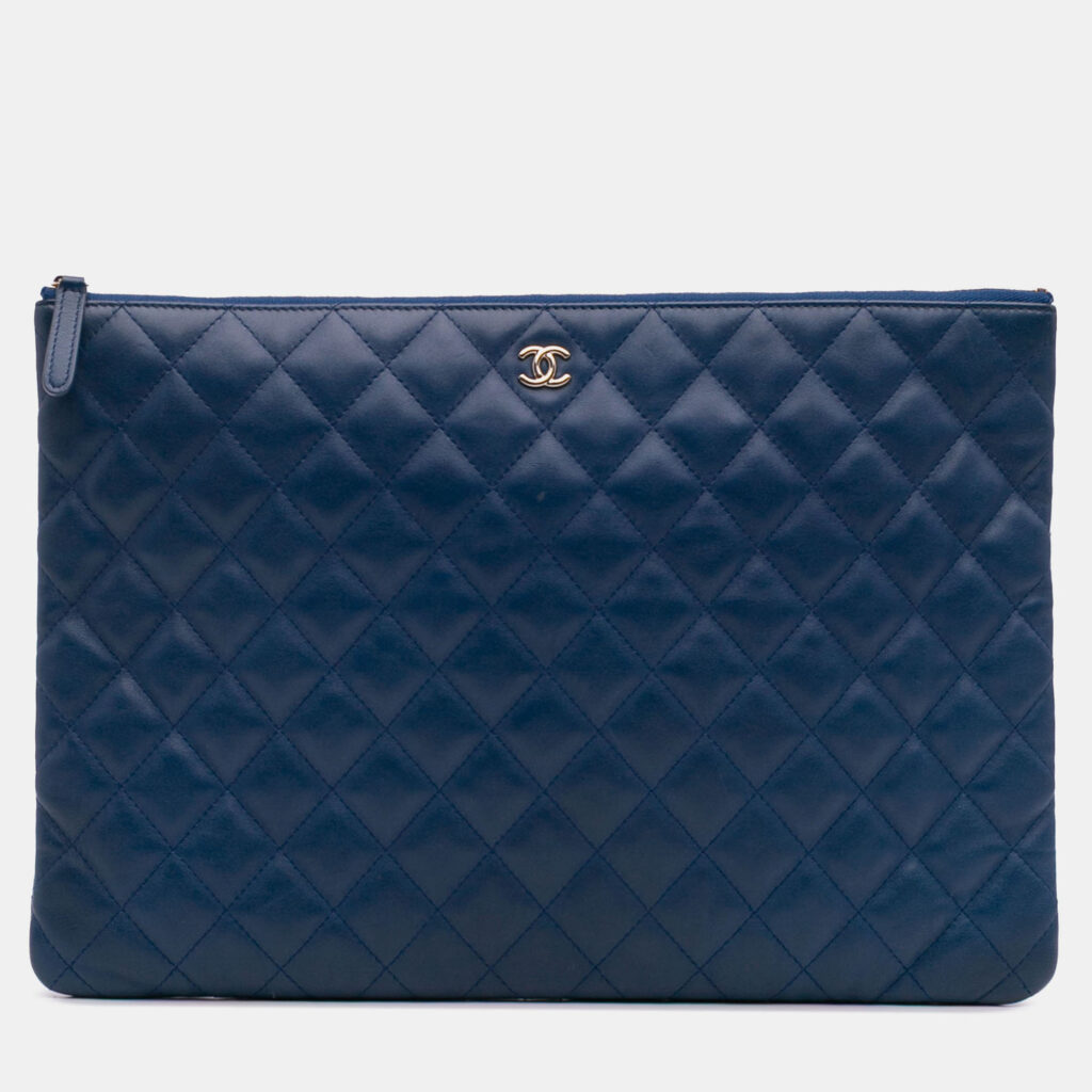 luxury-women-chanel-used-handbags-p1218580-009-1.jpg Chanel Blue Large Quilted Lambskin O Case Clutch