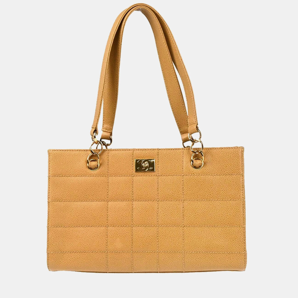 Chanel Beige Calfskin Choco Bar Tote Handbag