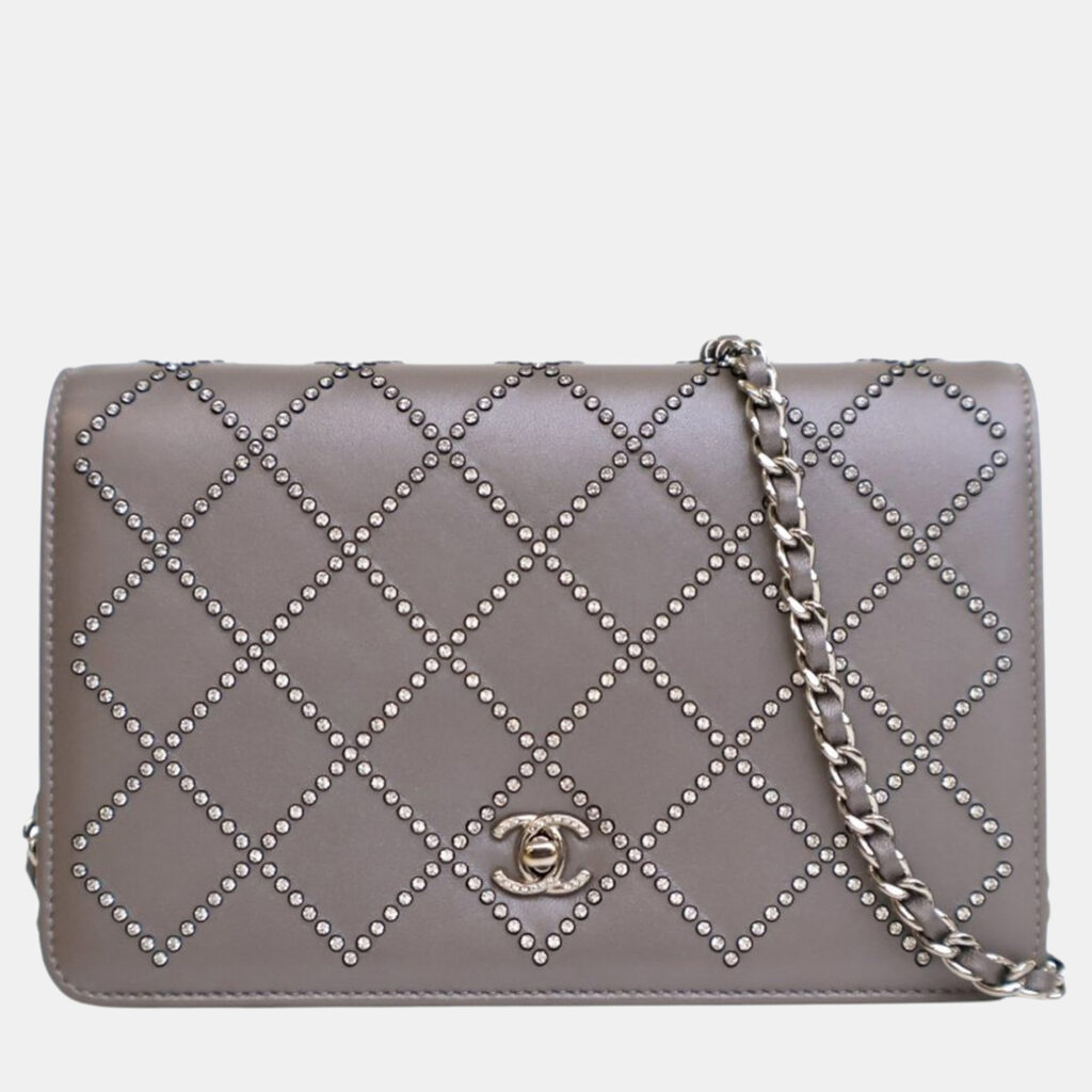 Chanel Grey CC Studded Calfskin Crystal Wallet On Chain Chanel Grey CC Studded Calfskin Crystal Wallet On Chain