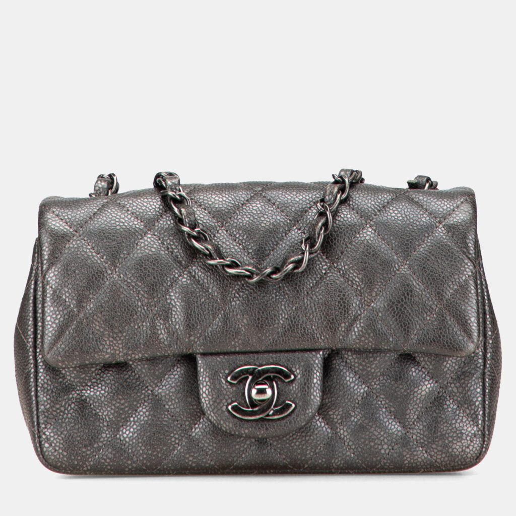 Chanel Grey Mini Rectangular Classic Metallic Caviar Single Flap Chanel Grey Mini Rectangular Classic Metallic Caviar Single Flap